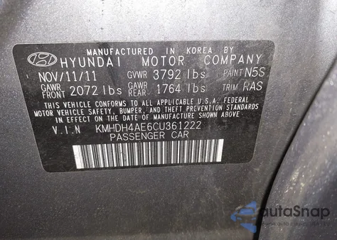 2012 Hyundai Elantra Gls (Ulsan Plant) z USA, uszkodzony, nr VIN KMHDH4AE6CU361222